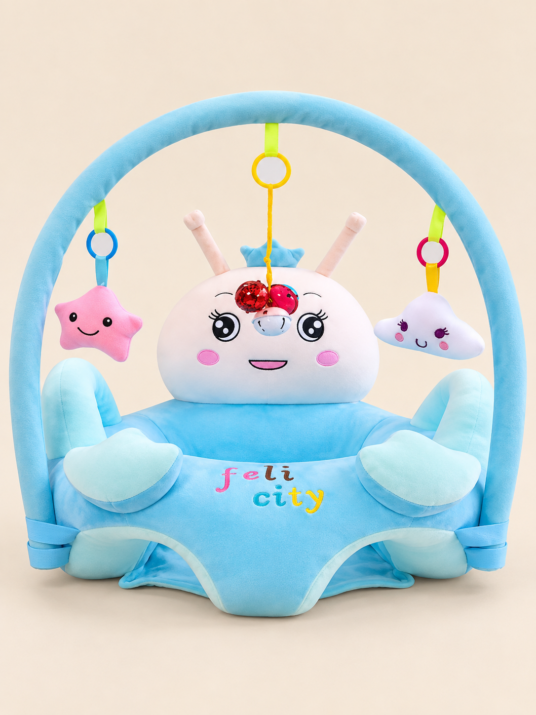 Baby support seat with toy bar, blue