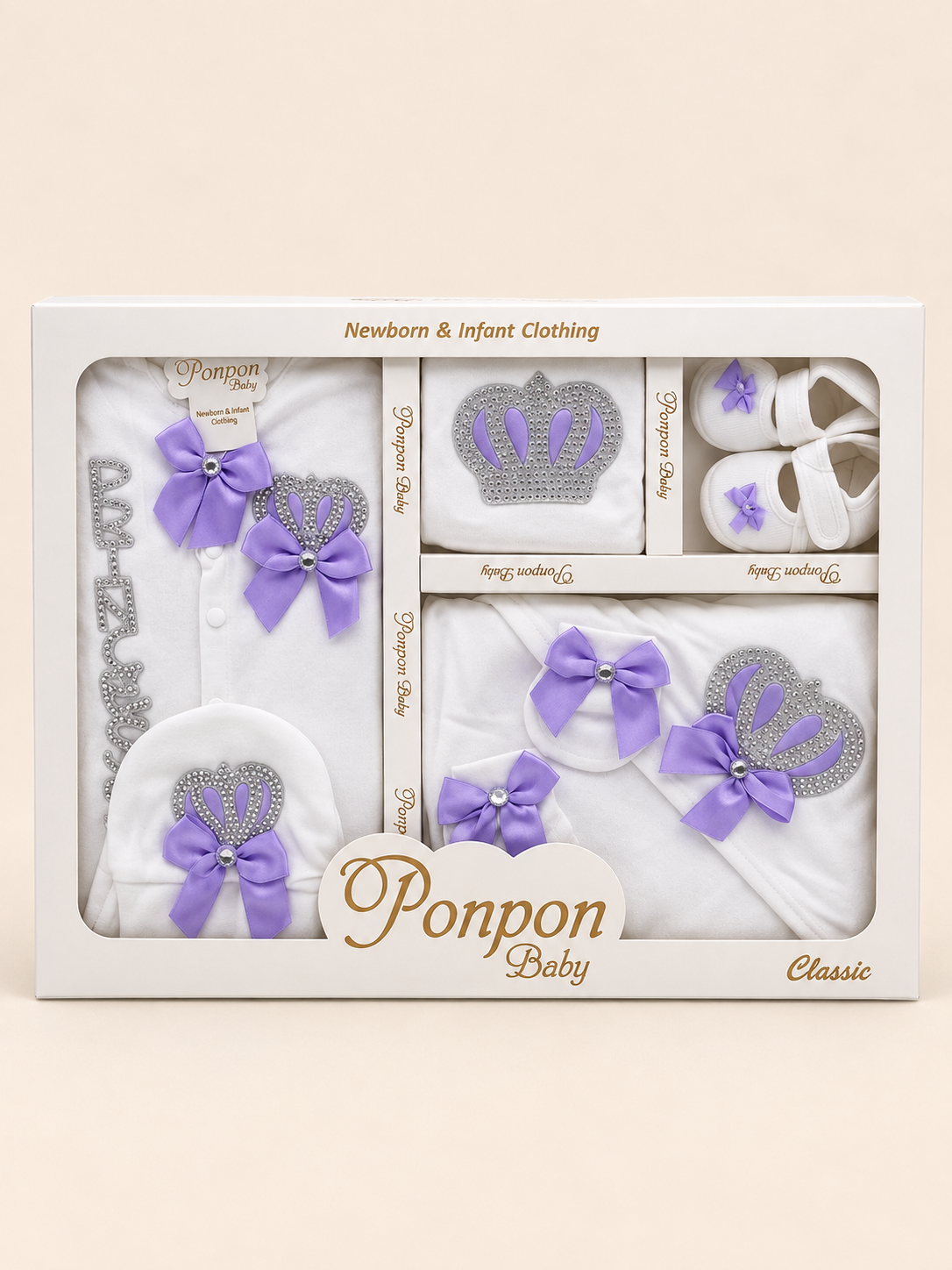 Ponpon Baby 6 piece newborn gift set, white and lilac